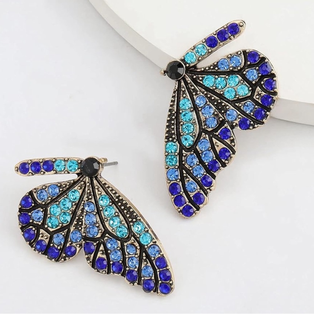 Earring Blue Butterfly Wing Rhinestone Post - Picture 8 of 8
